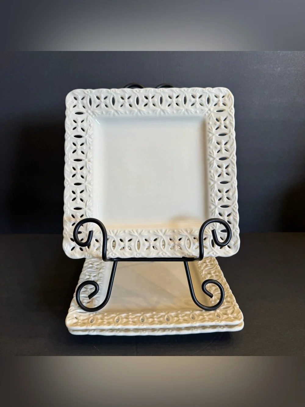 LOT of 3 L. Godinger &  Co. Square Desert Plates Ivory Lace Cut Out 8" - Picture 13 of 16